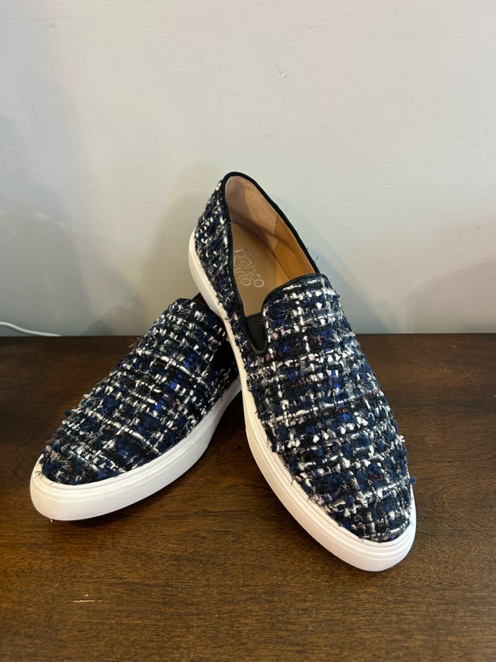 FRANCO SARTO L MONY TWEED BLUE BLACK WHITE SILVER SLIP ON LOAFERS SIZE 8.5 NWT